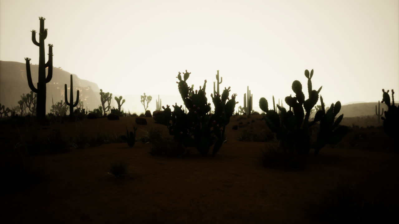 Desert landscape at dusk with silhouetted cacti and distant mountains