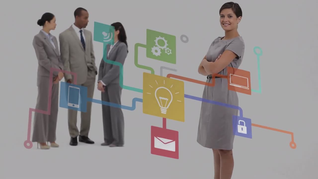 animación de iconos de los medios sobre diversas personas de negocios hablando