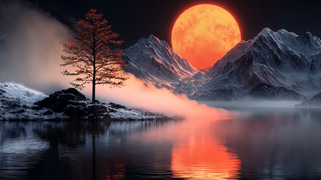 A large red moon is in the sky above a mountain range. The moon is surrounded by a dark sky and the mountains are covered in snow. The scene is peaceful and serene