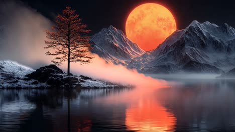 a large red moon is in the sky above a mountain range. the moon is surrounded by a dark sky and the mountains are covered in snow. the scene is peaceful and serene