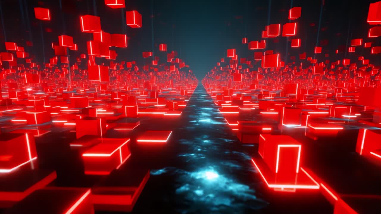 A mesmerizing digital landscape filled with glowing red cubes and shimmering blue water, creating a futuristic and immersive environment that draws the viewer into its depths