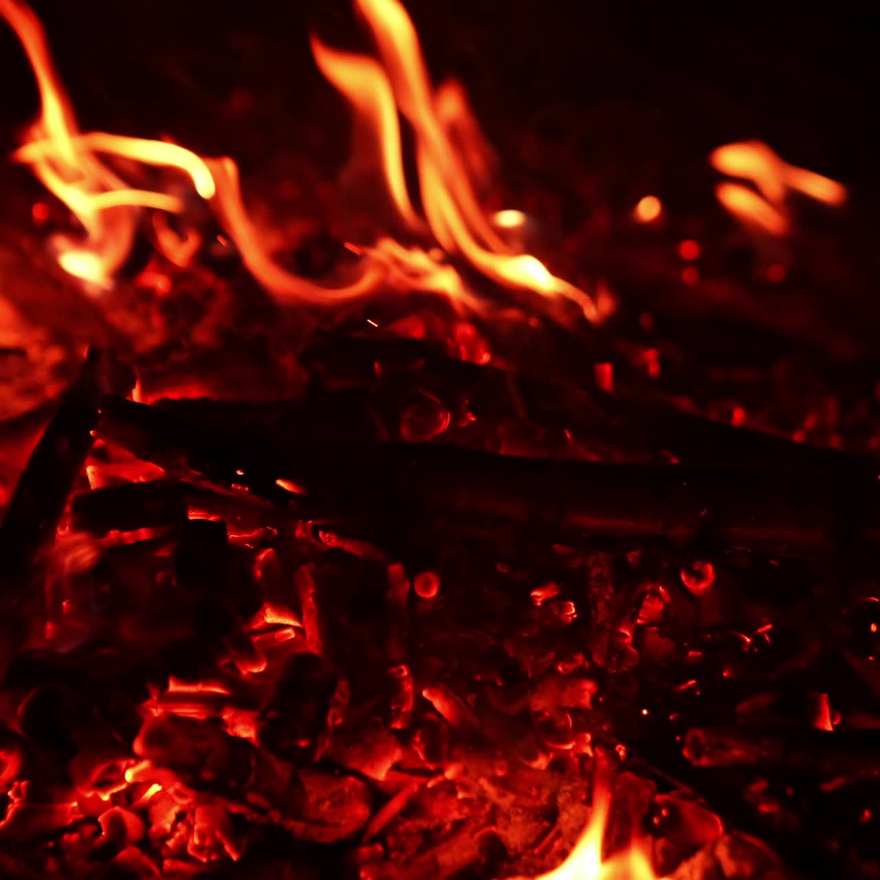 Unrecognized camper moving the embers in the campfire with a stick. Bonfire burning out