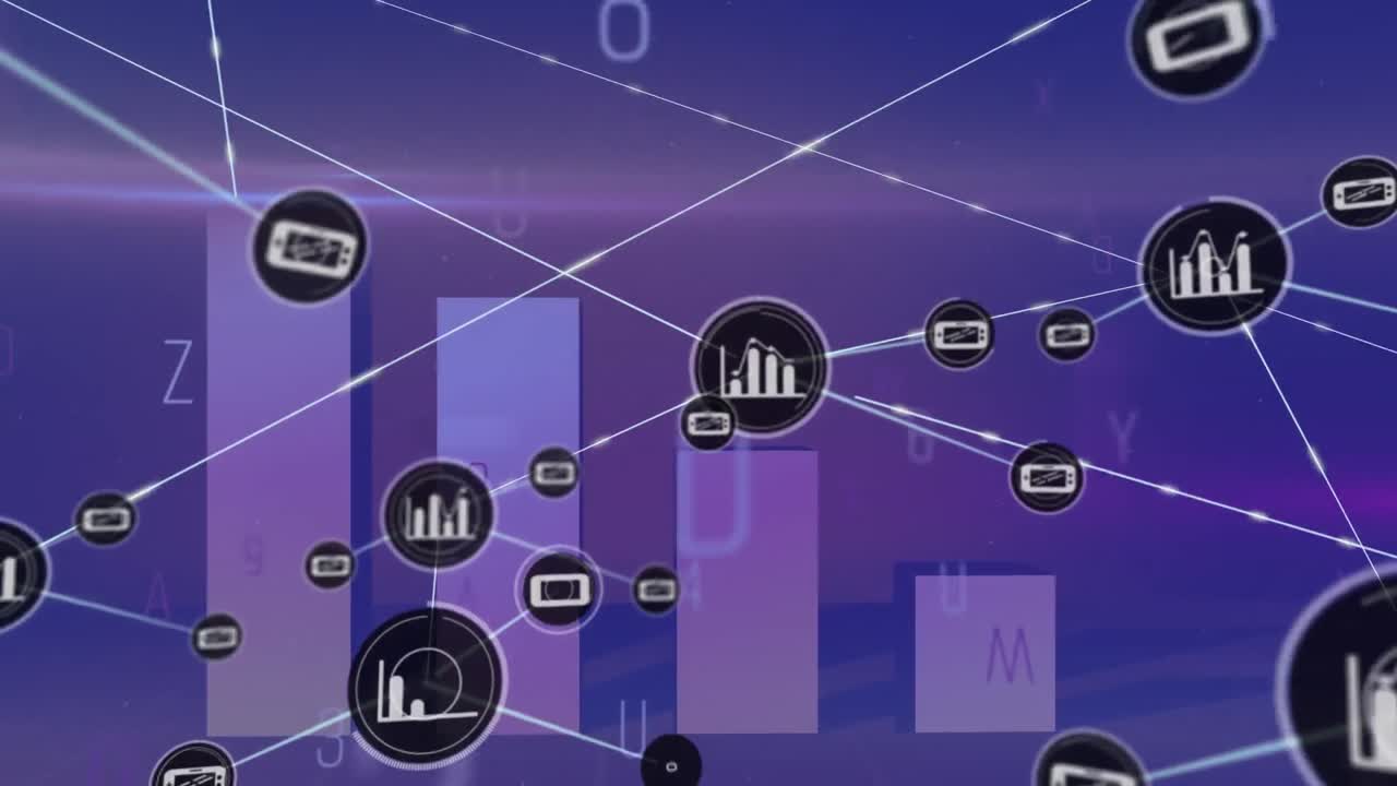 Animation af netværk af digitale ikoner, skiftende bogstaver og statistisk databehandling