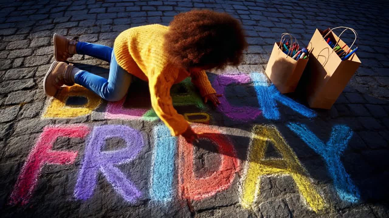 A Creative Child Dedicates Colorful Chalk Art to Black Friday, Transforming the Ground with Vibrant Letters and Playful Designs While Surrounded by Art Supplies and Joyful Energy