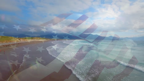 Animation-of-american-flag-waving-over-sunny-seaside