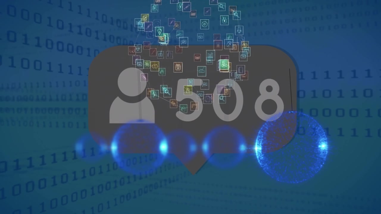 Animation of falling social media icons over data processing on grey background
