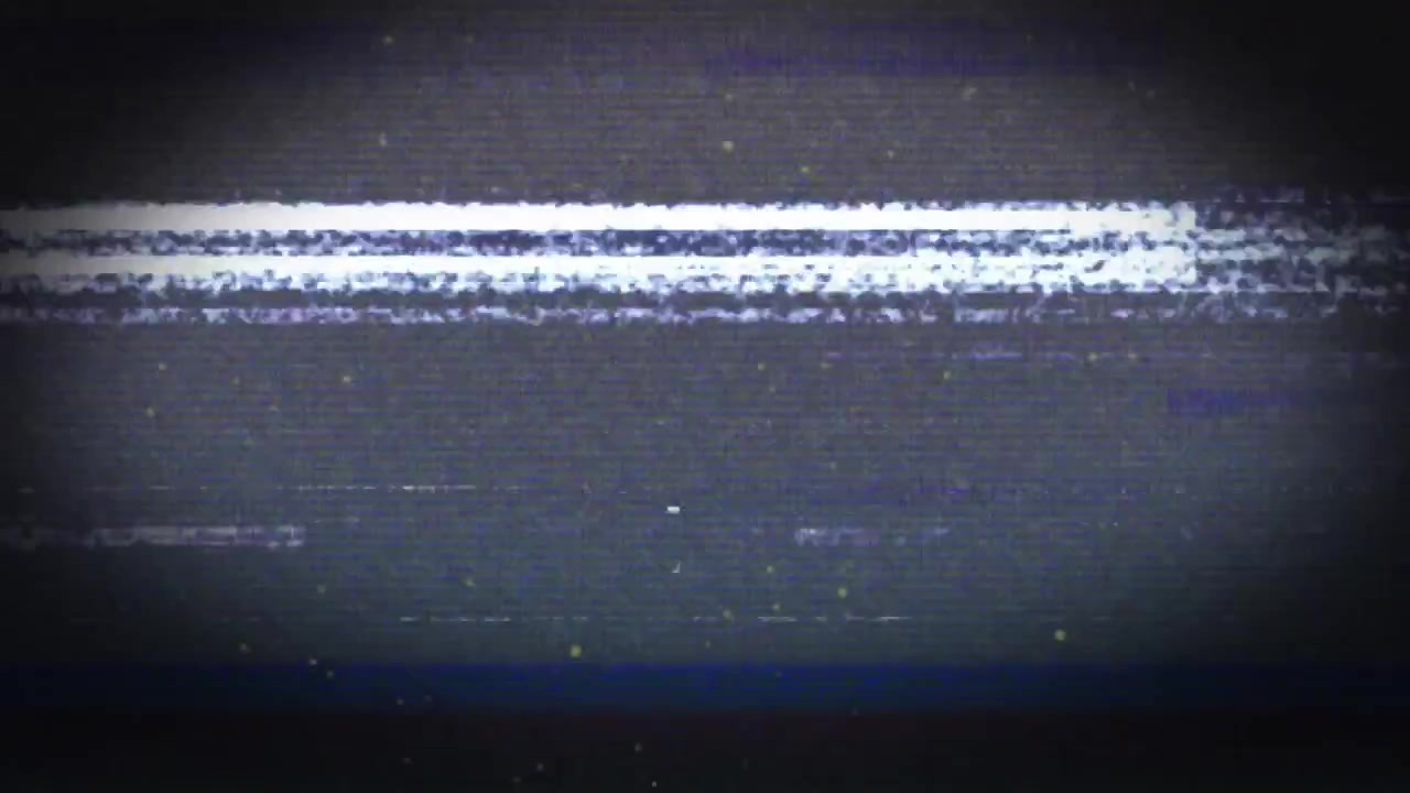Dark vignette initiating flickering blue glitch with red streaks drifting, emulating tape error