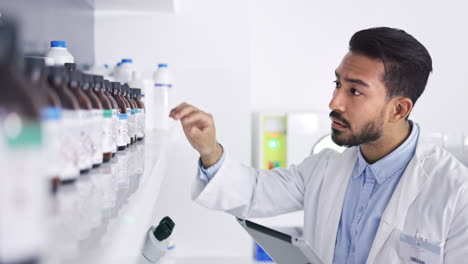 research, tablet and doctor with medicine in a lab