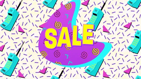 Animation-of-sale-text-over-retro-vibrant-colour-retro-shapes