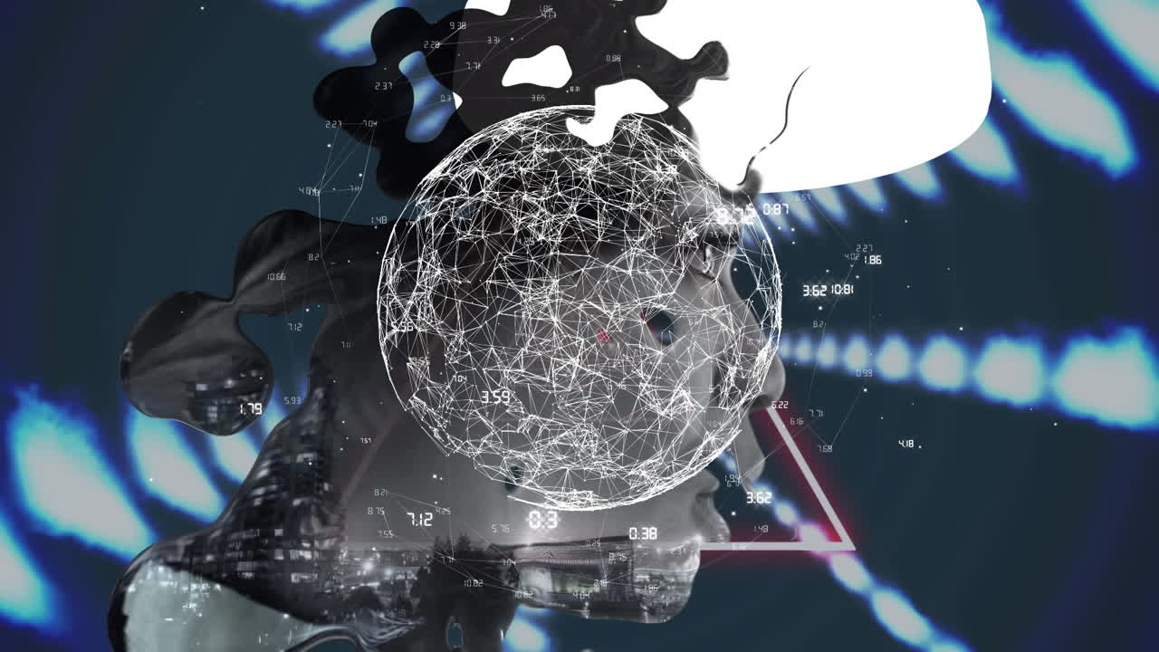 Animation of rotating global network and data processing over strobing lights and portrait of woman