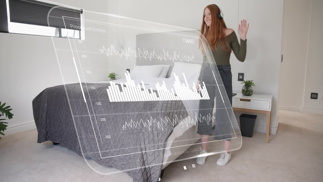 Woman moving in bedroom responding to music, donning headphones, holographic bars syncing gestures