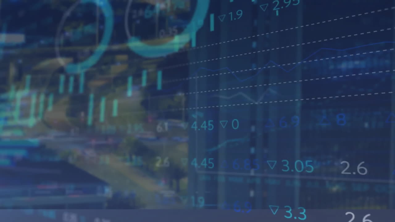 Animation of financial data processing over cityscape