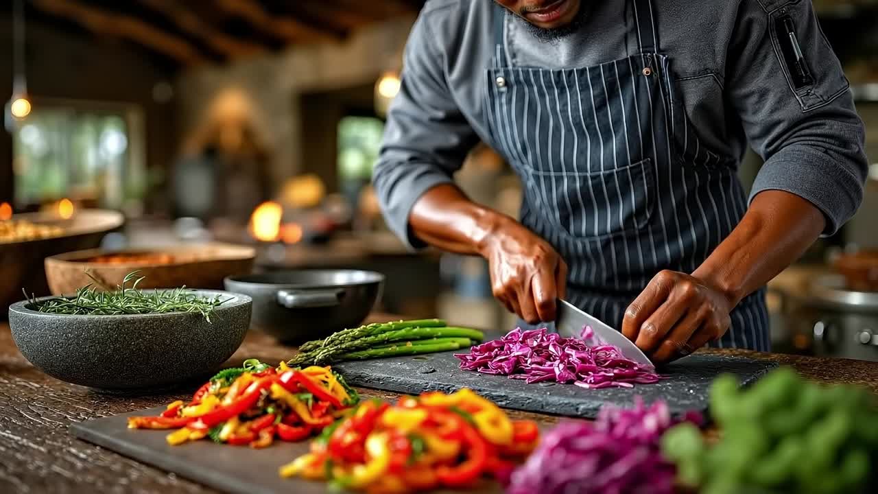Un uomo con un grembiule che prepara il cibo in una cucina