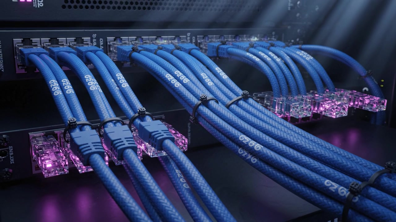 Close-up of a high-tech server rack with vibrant blue network cables and glowing connectors, showcasing modern data center connectivity and infrastructure.