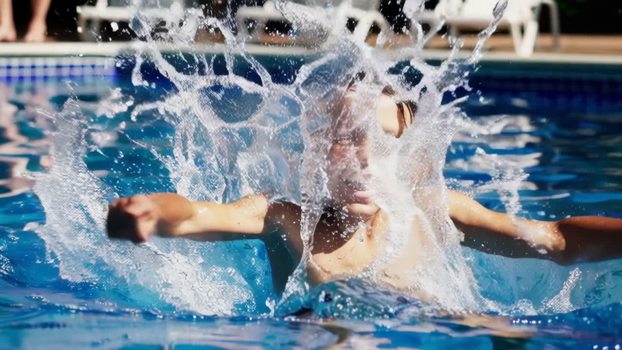 Happy boy splashing and swimming in a pool