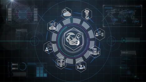 animación de red global y procesamiento de datos a través de interfaz digital con íconos