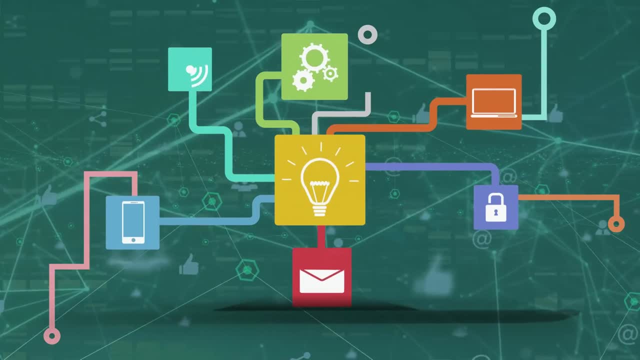 Animation of network of connections with people icons, data processing over grid