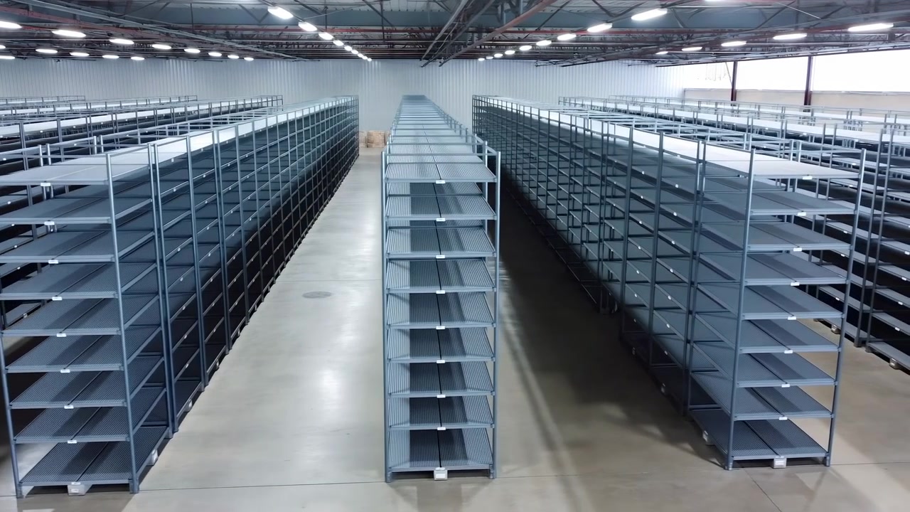 Wide centered view of a large warehouse interior with long rows of empty metal shelving on both sides, a concrete floor, high ceiling, and bright overhead lights