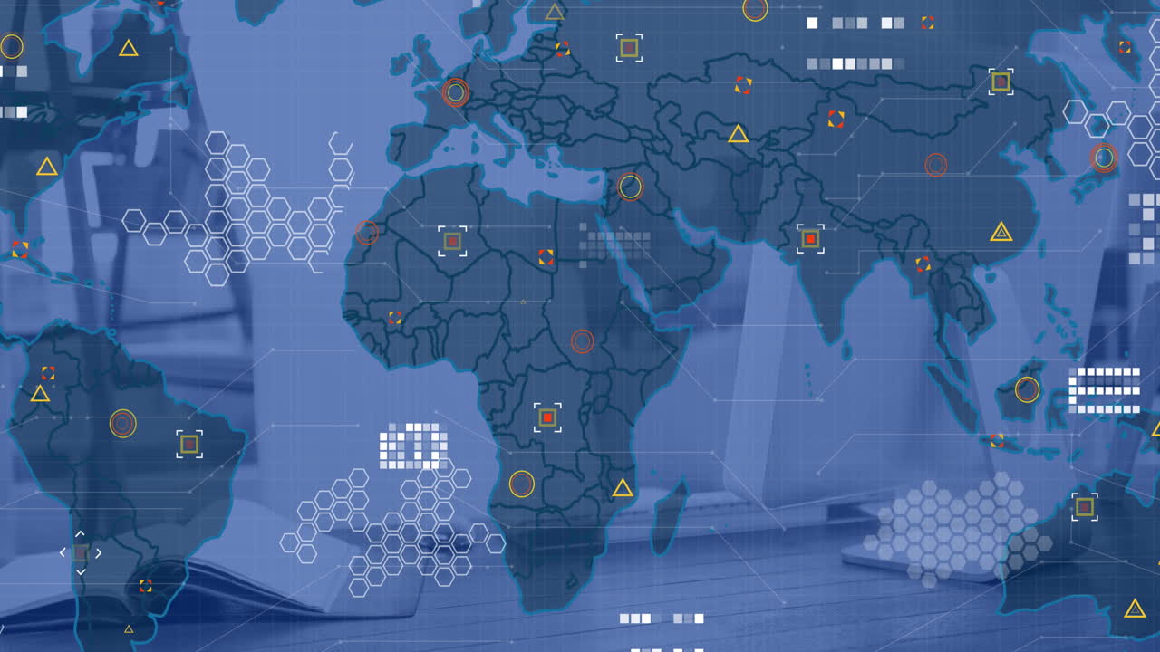 Animation of world map with network of connections over office desk with computer