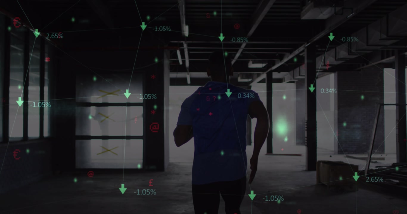 Animation of network of connections over rear view of african american fit man running