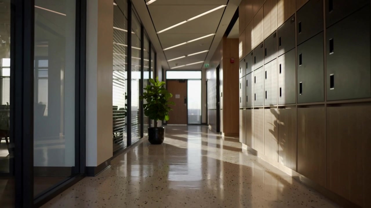 Cámara en movimiento filmando un ficus en maceta proyectando una sombra en movimiento sobre terrazo en un pasillo de oficina, con el sol moviéndose