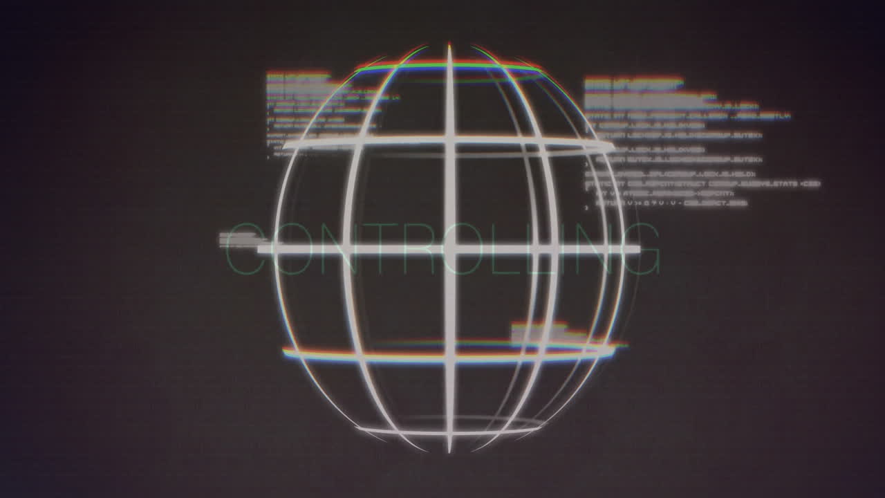 Animation of glowing wireframe globe with digital data overlay and CONTROLLING text