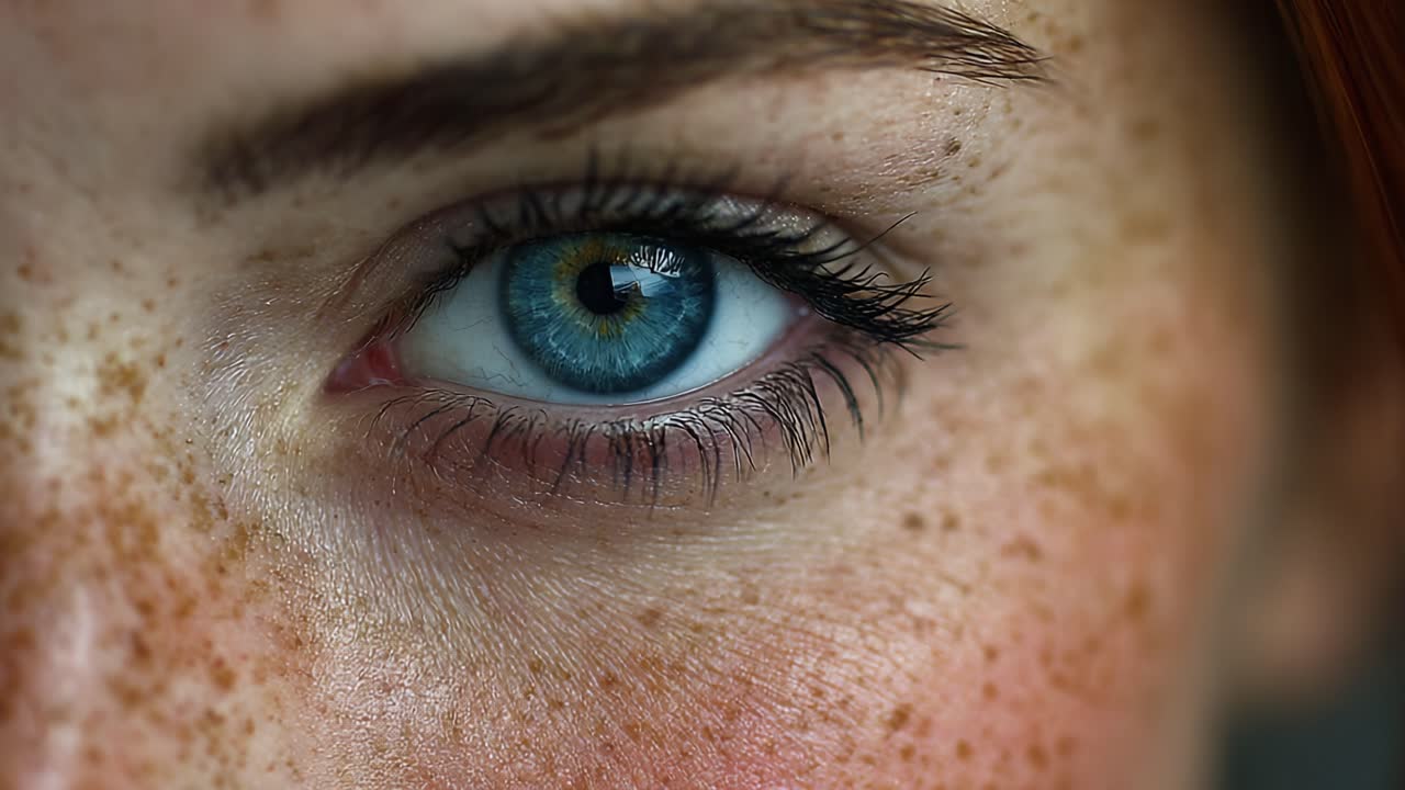 A Close-Up View of a Young Person's Eye Capturing Details of Blue Iris and Freckles, Highlighting the Unique Beauty and Texture of Features