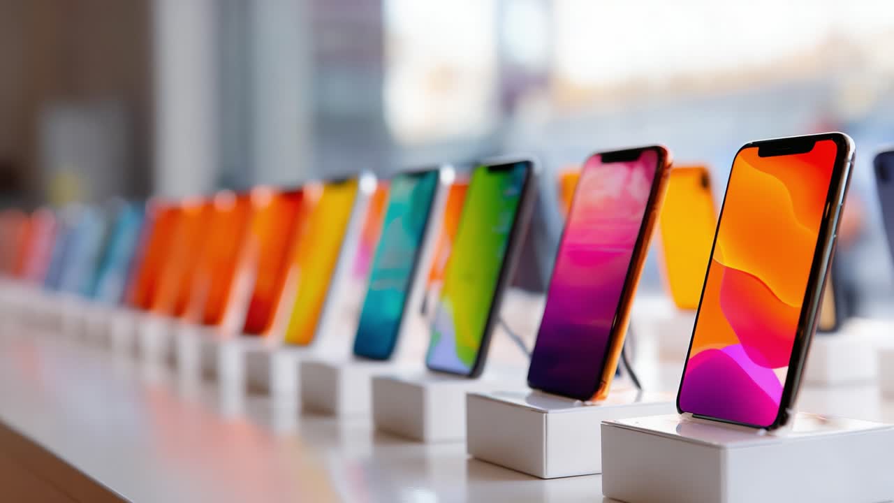 A Vibrant Display of Modern Smartphones Showcasing a Range of Colors and Designs, Captured in an Elegant Lighting Environment to Highlight Their Sleek Features and Aesthetics