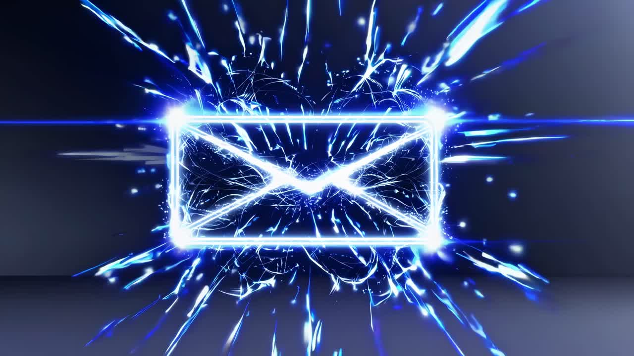 Dynamic video concept of a glowing email icon with electric sparks. Captured from a front angle, set