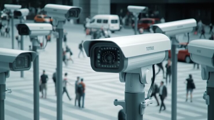 Surveillance Cameras Overlooking a Busy Urban Crosswalk with Pedestrians and Vehicles, Highlighting Modern Security Measures in Public Spaces