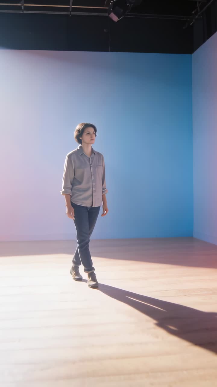 Vertical video: Moving model on light cue stepping and turning in studio wearing boots for posing
