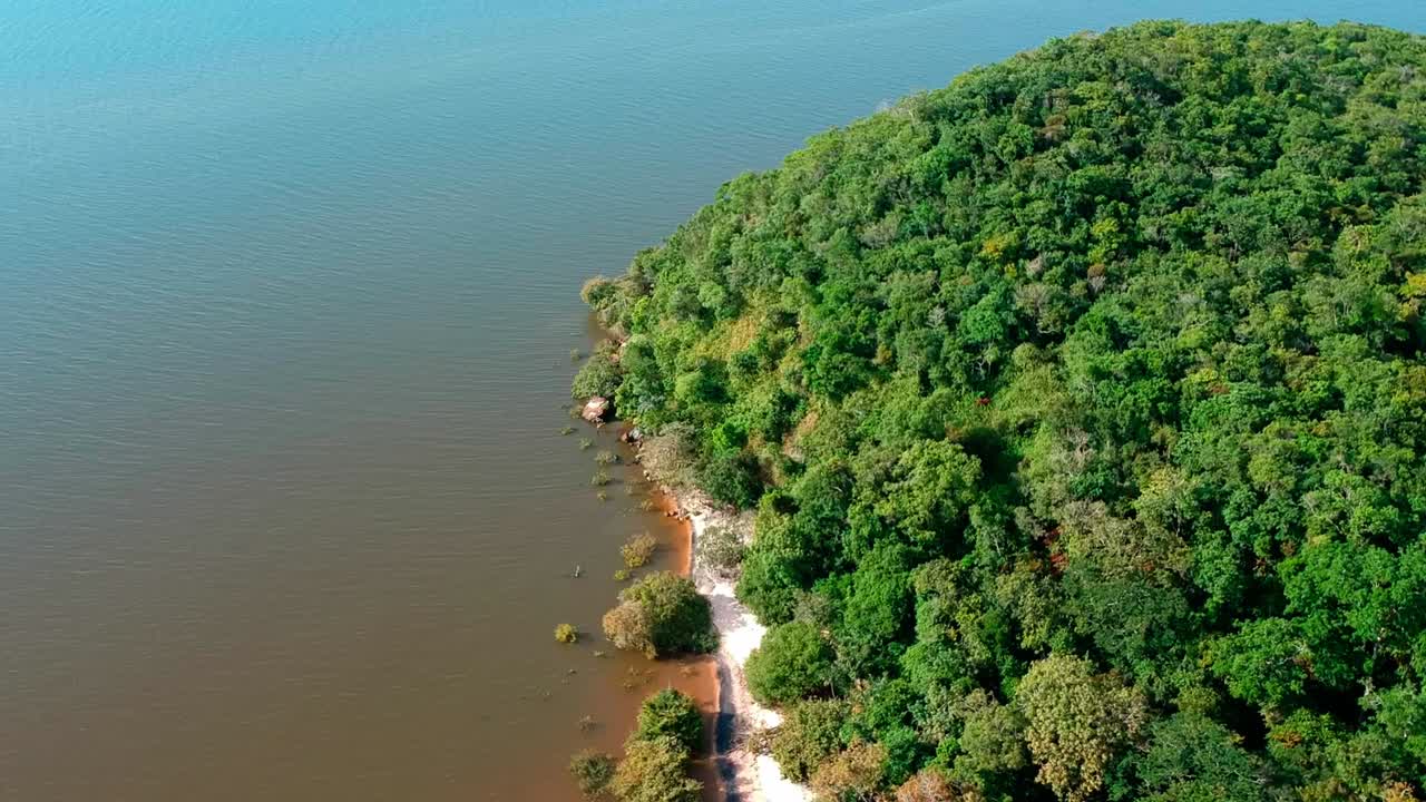 Drone shot of a green forest next to a white sandy beach in the Brazilian Amazon.