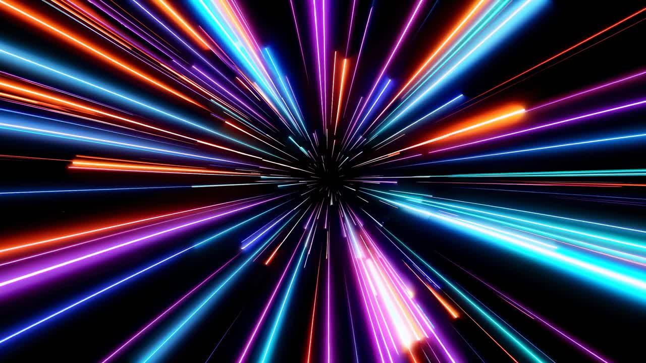 Dynamic video concept with neon light streaks converging at a vanishing point