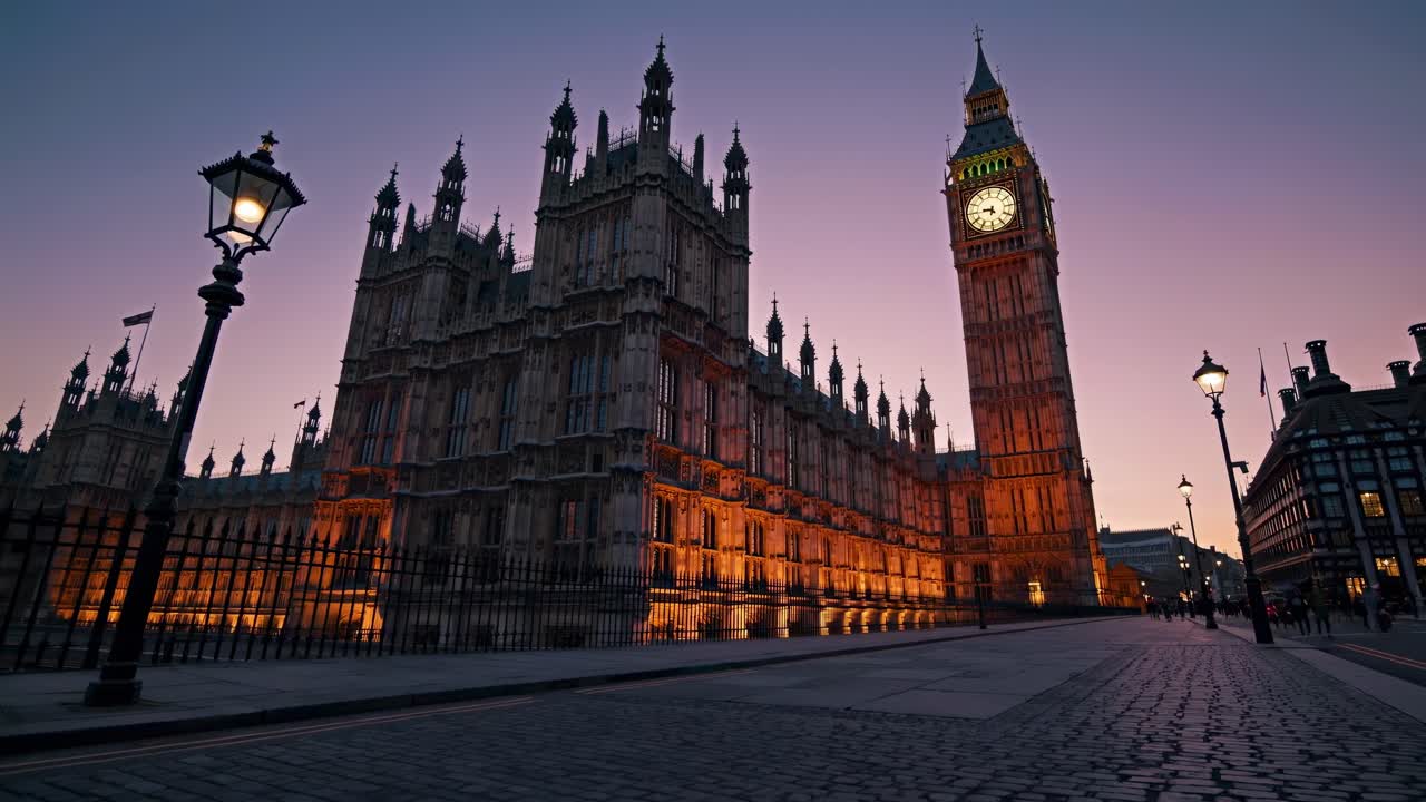 Dramatic low-angle shot of the illuminated Big Ben and Houses of Parliament at dusk, perfect