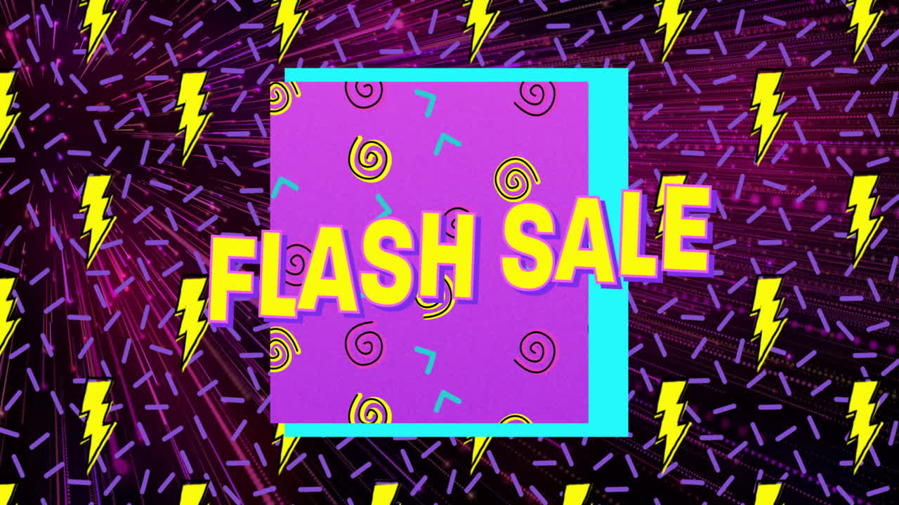 Featuring central purple frame showing 3D yellow Flash Sale letters with rotating lightning bolts