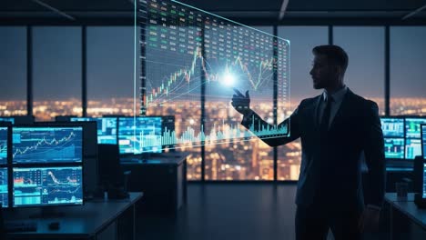 a professional in a suited attire analyzing stock market trends with advanced technology and digital graphs in a modern financial office at night