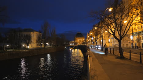 prague zofin palace and national theatre long distance shot just before blue hour