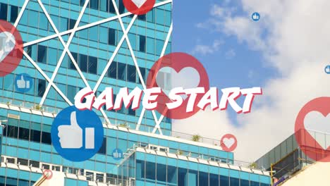 Animation-of-game-start-and-floating-social-media-icons-over-skyscrapers