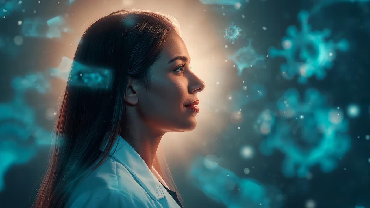 Studentessa che indossa un camice da laboratorio bianco mentre osserva sovrapposizioni di virus verde acqua che cambiano in studio, illuminazione ad alone