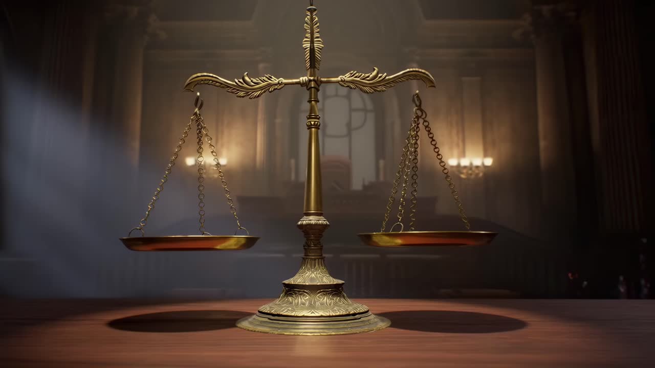 Video drammatico con angolazione dal basso delle elaborate bilance della giustizia in un'aula di tribunale scarsamente illuminata