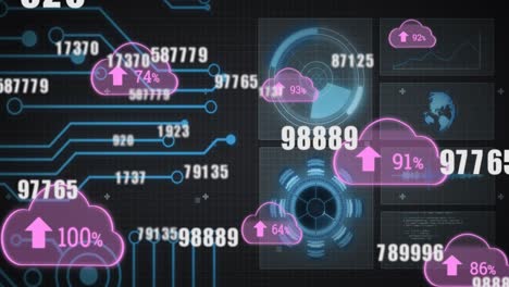 Multiple-changing-numbers-over-cloud-with-increasing-percentage-icons-and-data-processing