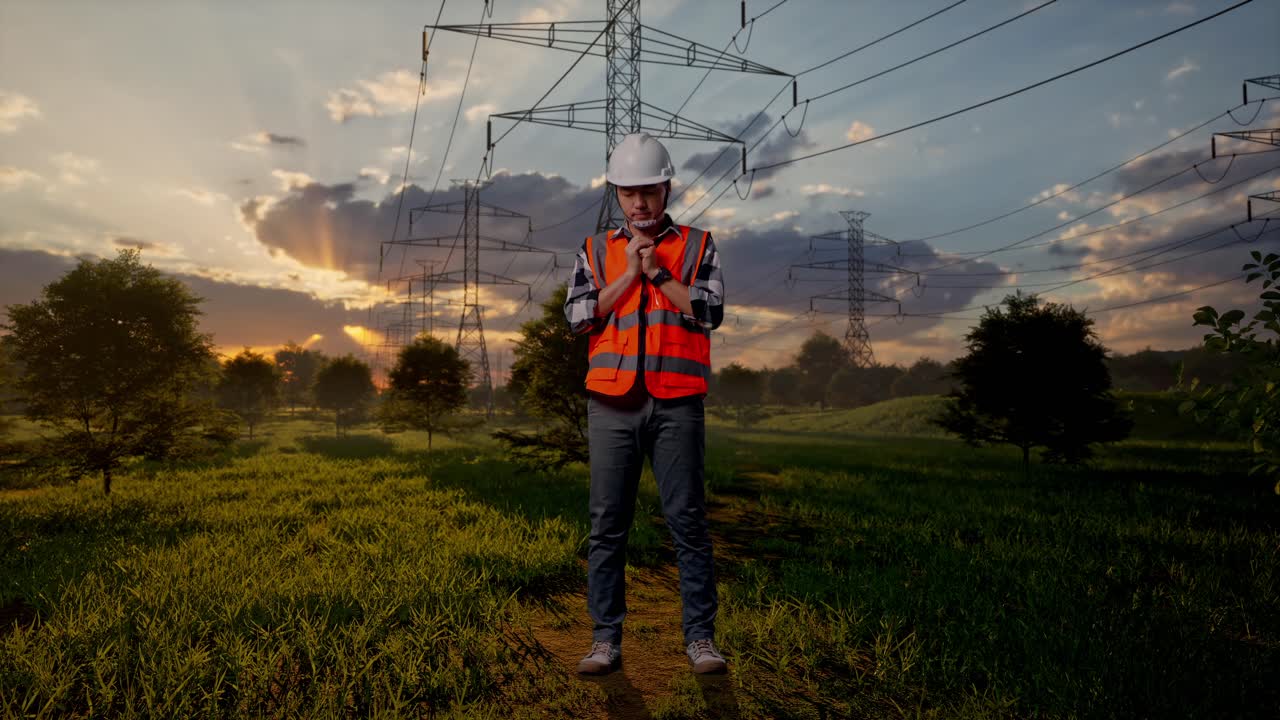 Electrical Engineer Reflecting Under Power Lines at Sunset