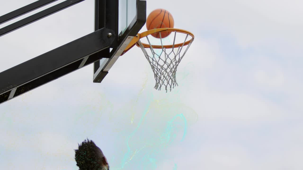 Three men contesting outdoor sports green shooter driving layup to score teal glow trailing ball
