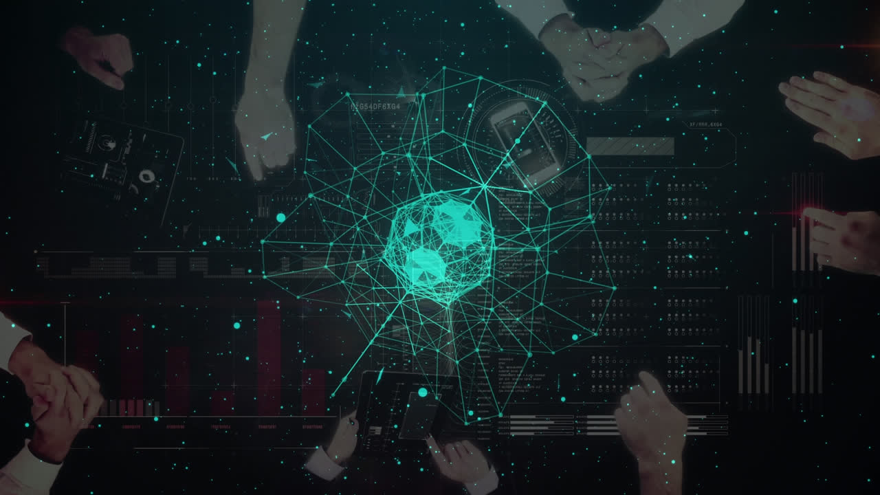 연결망의 세계가 회전하는 상공을 향해 회의에서 사업가들의 시야를 바라보고 있습니다.