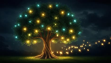 a magical tree illuminates the night sky with glowing orbs, creating a mystical atmosphere filled with enchantment and wonder