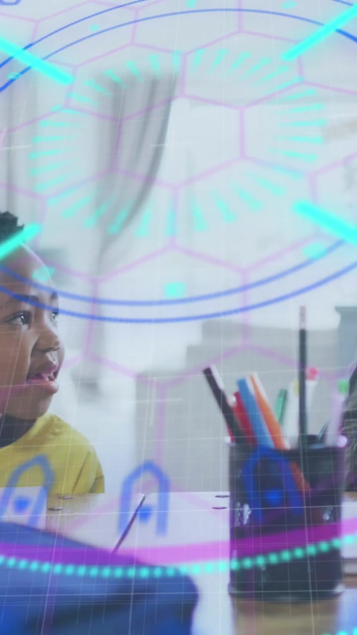 Animation of data processing over african american father and son using laptop