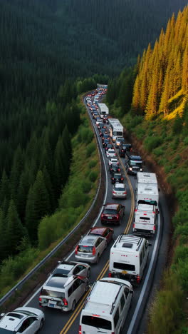 long traffic jam on a winding mountain road through a forest