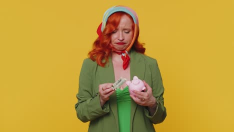 poor girl upset over insufficient amount of money, holding piggybank, one dollar banknote bankruptcy