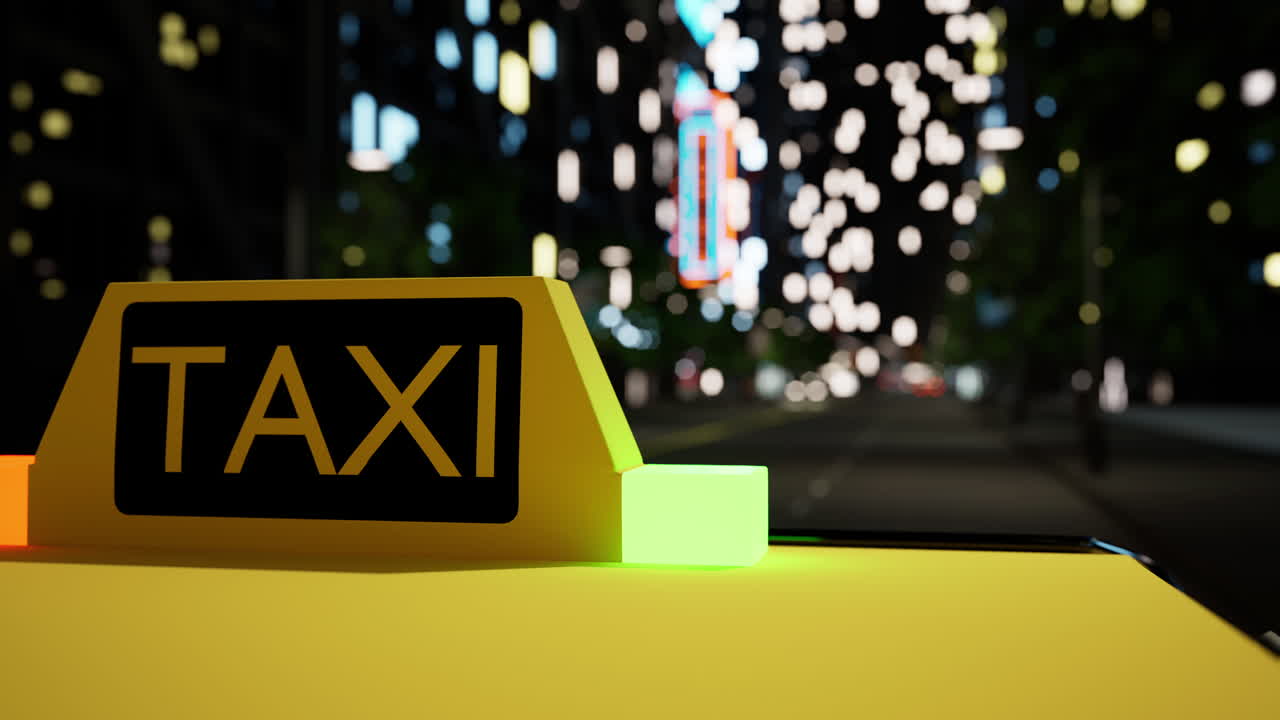 Yellow taxi sign on car around city