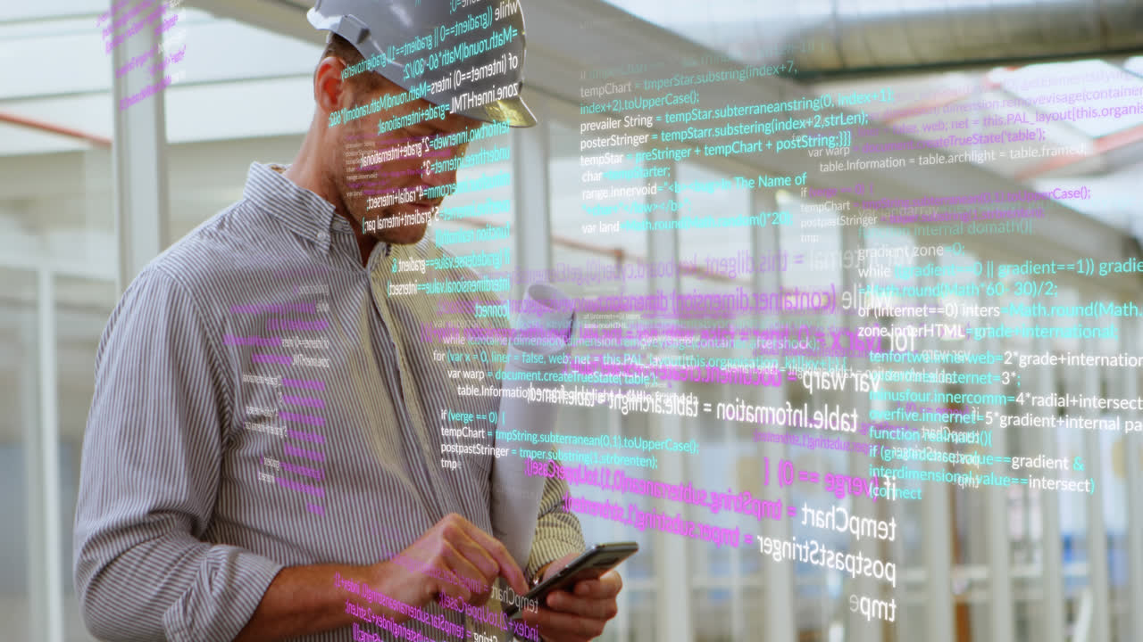 Animation of data processing over caucasian male worker using smartphone